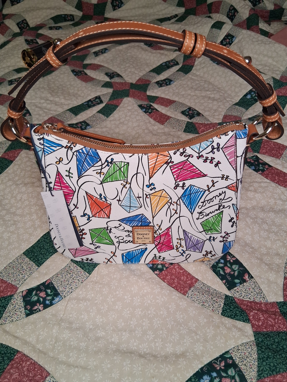 Dooney & Bourke Kiley White Multicolor Kite-Print Shoulder Bag with Tan Strap